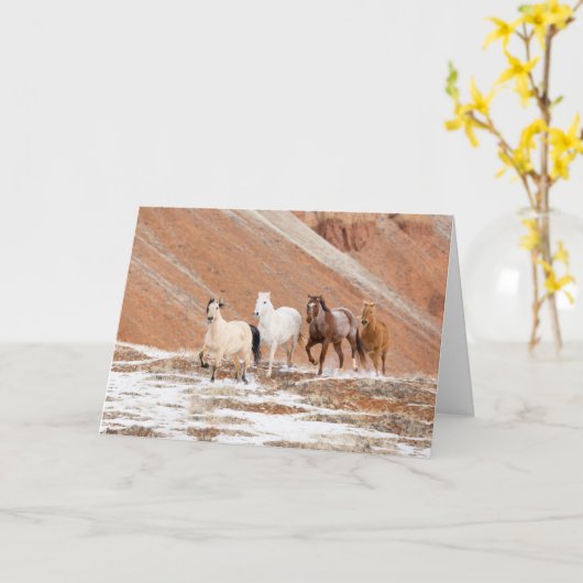 雪の中の小さな馬の群れのある隠れ家の牧場 カード (黄色い花)