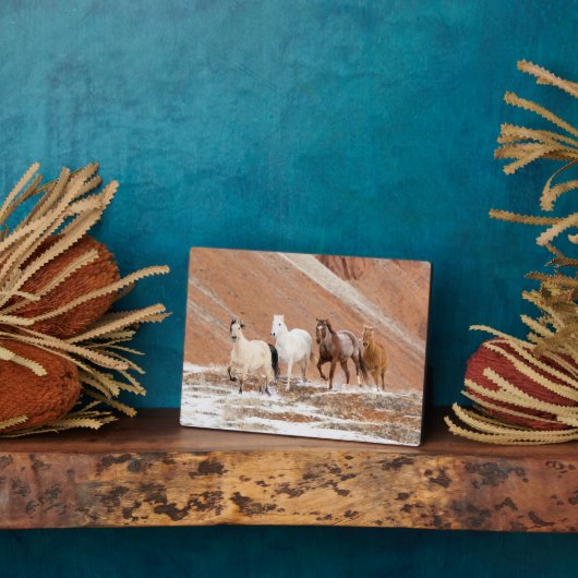 雪の中の小さな馬の群れのある隠れ家の牧場 フォトプラーク (側面)