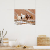 雪の中の小さな馬の群れのある隠れ家の牧場 ポスター (キッチン)