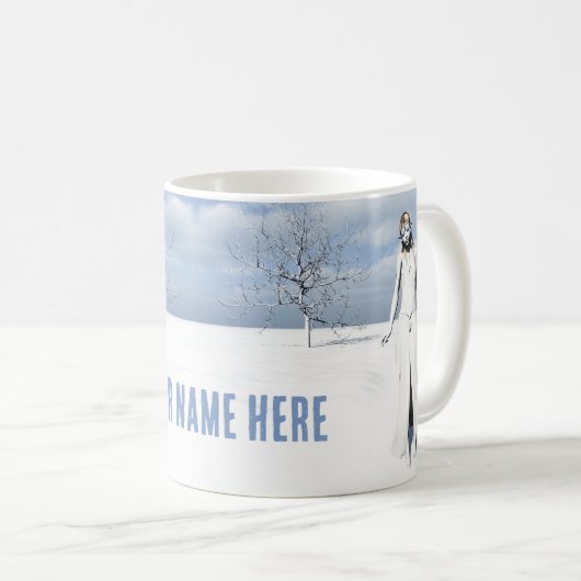 雪の中の小妖精や小人歩くのメス。カスタマイズ可能文字 コーヒーマグカップ (正面右)