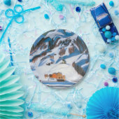 雪の中の山と家、冬の風景 ペーパープレート (パーティー)