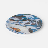 雪の中の山と家、冬の風景 ペーパープレート (アングル)