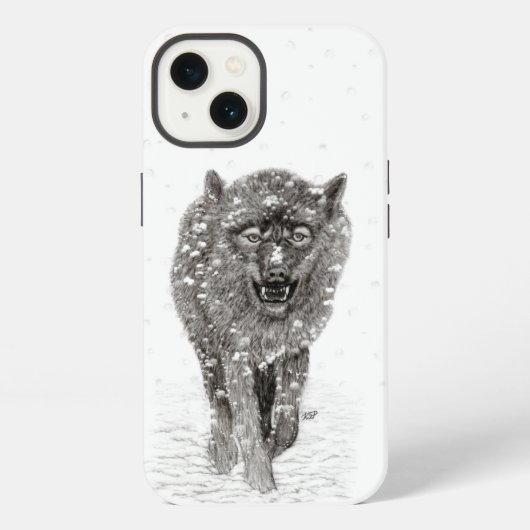 雪の中の怒れる黒狼、荒々しい冬 iPhoneケース (裏面)