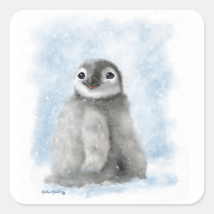 雪の中の愛らしいペンギンの雛のキャラクター スクエアシール