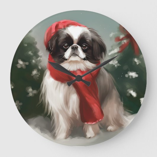 雪の中の日本犬クリスマス ラージ壁時計 (正面)