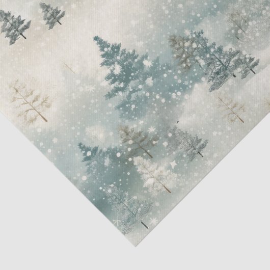 雪の中の松の木のヴィンテージ水色 薄葉紙 (詳細)