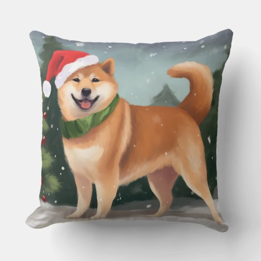雪の中の柴犬 クリスマス クッション (正面)