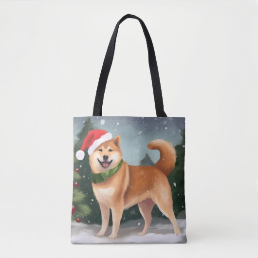 雪の中の柴犬 クリスマス トートバッグ (正面)