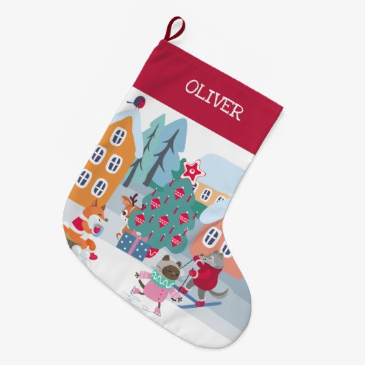 雪の中の森林動物たちクリスマスビレッジ ラージクリスマスストッキング (正面 (吊り時))