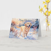 雪の中の水色のラブラドール犬メリークリスマス カード (黄色い花)