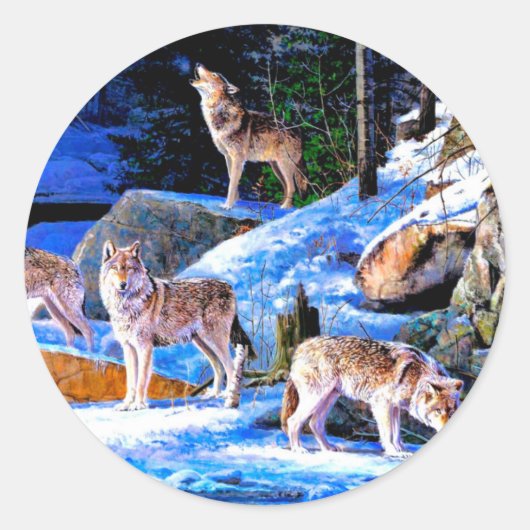 雪の中の狼絵画達 ラウンドシール (正面)