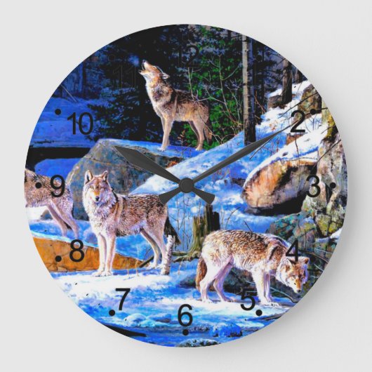 雪の中の狼絵画達 ラージ壁時計 (正面)