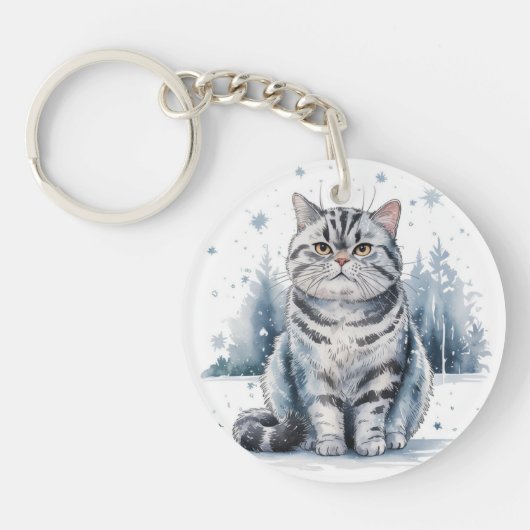 雪の中の猫1ラウンドのアクリルキーチェーン キーホルダー (正面)