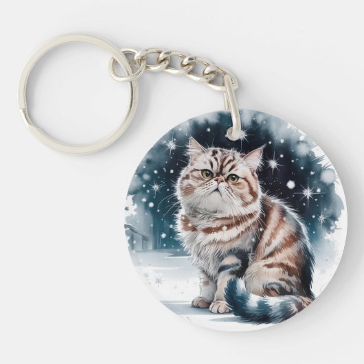 雪の中の猫2円形アクリルキーチェーン キーホルダー (正面)