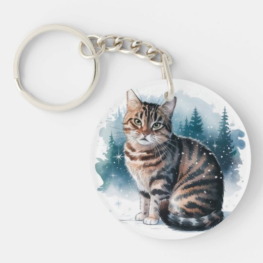 雪の中の猫3丸アクリルキーチェーン キーホルダー (正面)