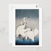 雪の中の白いサギ、大原小村、ウッドカット ポストカード (正面/裏面)