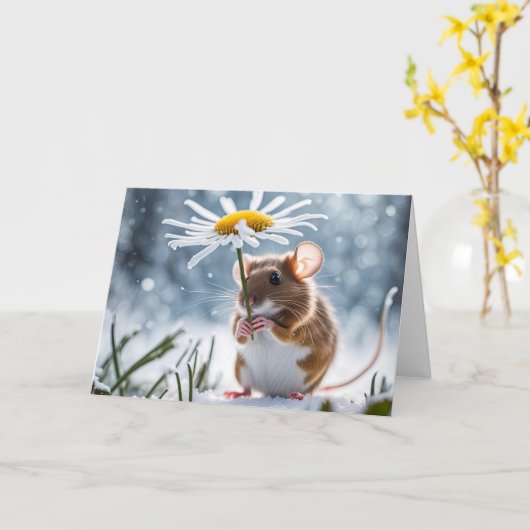 雪の中の白いデイジーの下のネズミ カード (黄色い花)