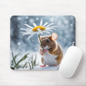 雪の中の白いデイジーの下のネズミ マウスパッド (マウス)