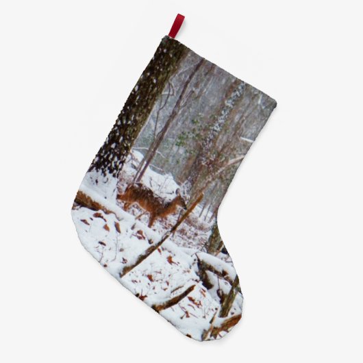 雪の中の白い尾の鹿 ラージクリスマスストッキング (正面 (吊り時))