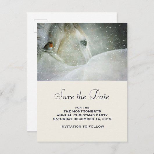 雪の中の白い馬と鳥デートを除く 案内ポストカード (正面/裏面)