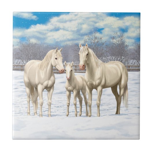 雪の中の白い4分の1の馬 タイル (正面)