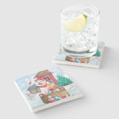 雪の中の秋田犬のクリスマスドッグハウス ストーンコースター (横)