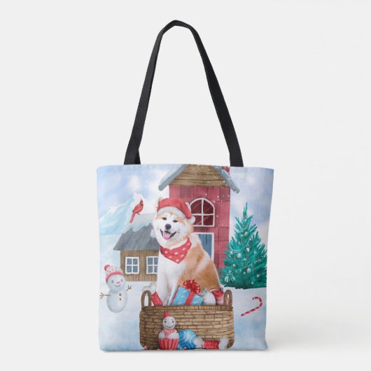 雪の中の秋田犬のクリスマスドッグハウス トートバッグ (裏面)