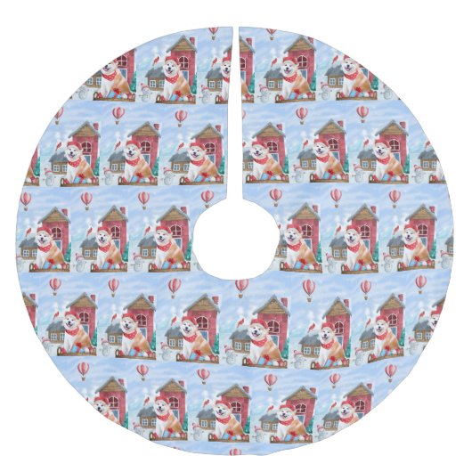 雪の中の秋田犬のクリスマスドッグハウス ブラッシュドポリエステルツリースカート (正面)