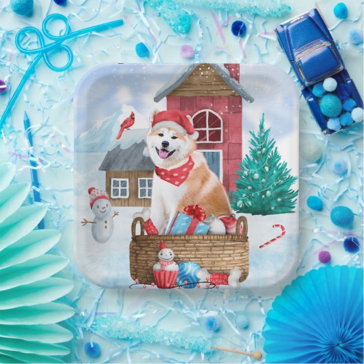 雪の中の秋田犬のクリスマスドッグハウス ペーパープレート (パーティー)