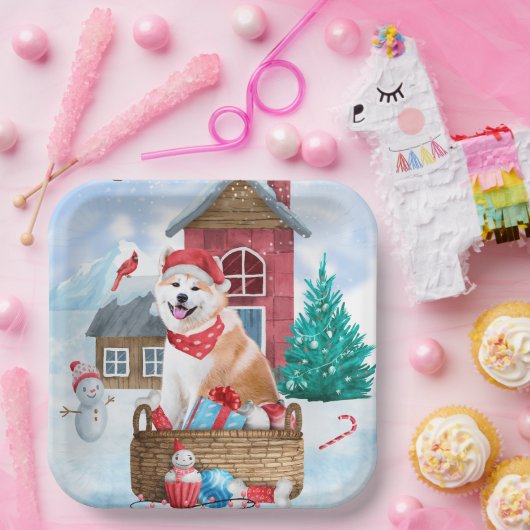 雪の中の秋田犬のクリスマスドッグハウス ペーパープレート (パーティー)