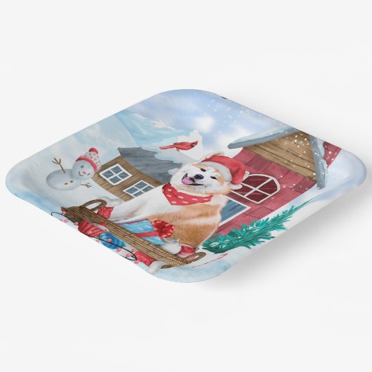 雪の中の秋田犬のクリスマスドッグハウス ペーパープレート (傾斜あり)