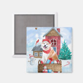 雪の中の秋田犬のクリスマスドッグハウス マグネット (正面/裏面)