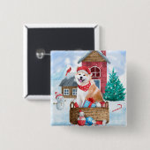 雪の中の秋田犬のクリスマスドッグハウス 缶バッジ (正面&裏面)