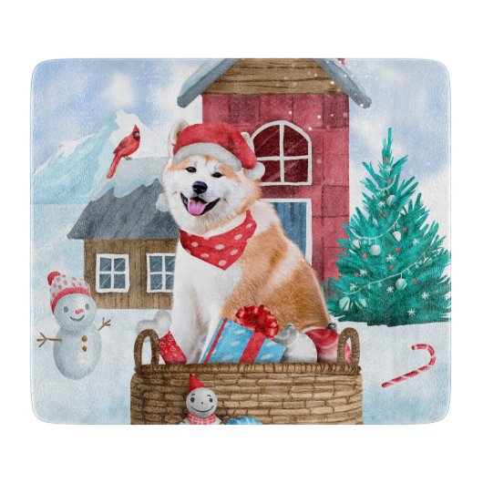 雪の中の秋田犬 クリスマスの犬小屋 カッティングボード (正面)
