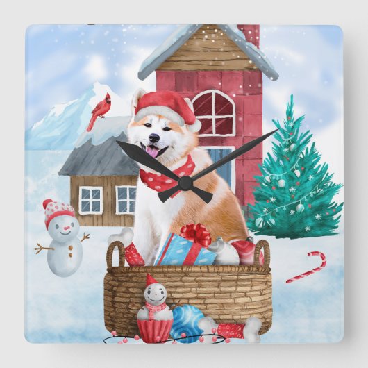 雪の中の秋田犬 クリスマスの犬小屋 スクエア壁時計 (正面)