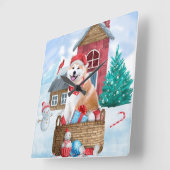 雪の中の秋田犬 クリスマスの犬小屋 スクエア壁時計 (傾斜)