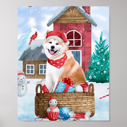 雪の中の秋田犬 クリスマスの犬小屋 ポスター (正面)