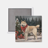 雪の中の秋田犬 クリスマス マグネット (正面/裏面)