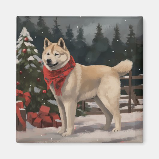 雪の中の秋田犬 クリスマス マグネット (正面)