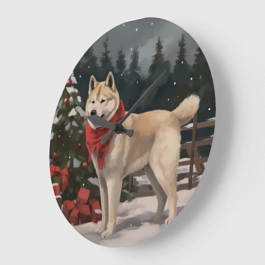 雪の中の秋田犬 クリスマス ラージ壁時計 (傾斜)