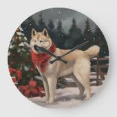 雪の中の秋田犬 クリスマス ラージ壁時計 (正面)