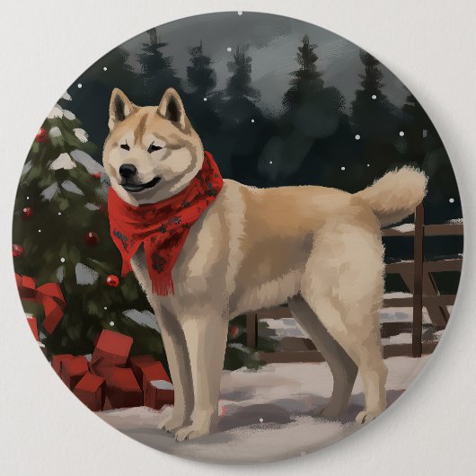雪の中の秋田犬 クリスマス 缶バッジ (正面)