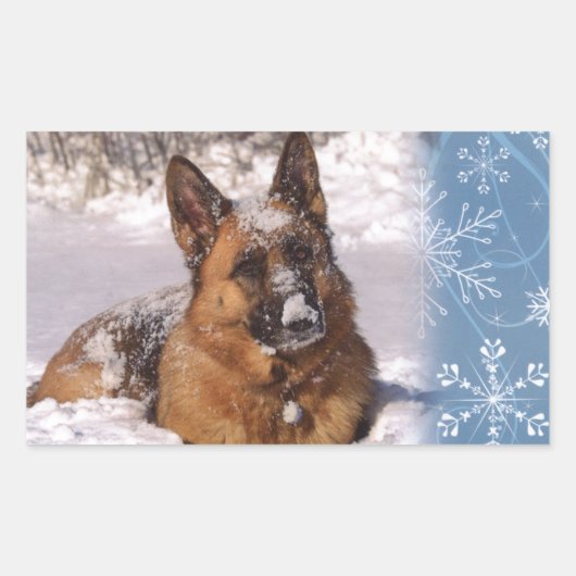 雪の中の美しいドイツの羊飼い犬 長方形シール (正面)