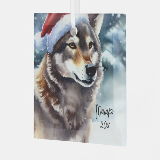 雪の中の美しい狼 ガラスオーナメント (正面左)