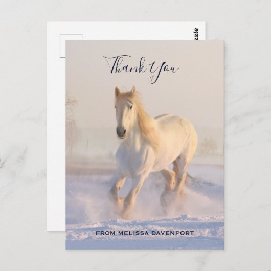 雪の中の美しい白い馬の写真ありがとう ポストカード (正面/裏面)