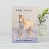 雪の中の美しい白い馬フォトクリスマス シーズンカード (スタンド正面)
