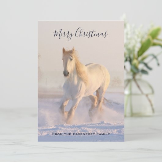 雪の中の美しい白い馬フォトクリスマス シーズンカード (スタンド正面)