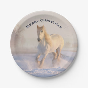 雪の中の美しい白い馬フォトクリスマス ペーパープレート