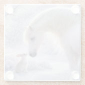 雪の中の美しい白馬とウサギ ガラスコースター (裏面)