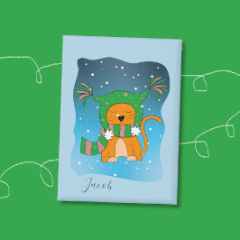 雪の中の茶トラ猫 ブルー 子供 冬 バッジ